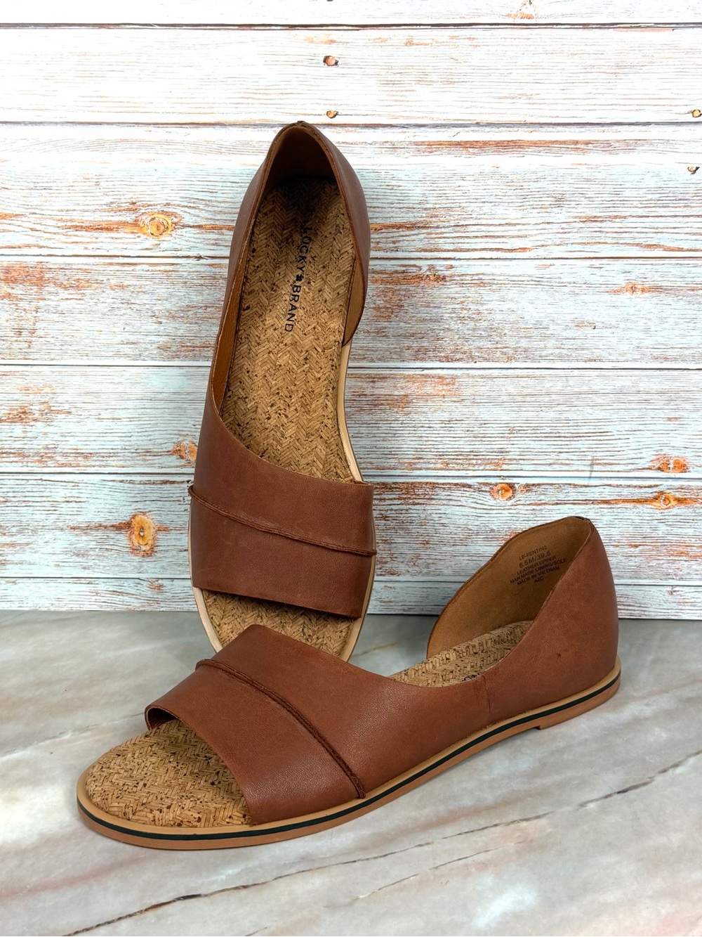Lucky Brand Fentin 2 Open Toe D’orsay Flats in Brown Leather/Cork - EUC!